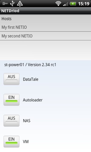 Hauptbildschirm mit eingeschalteten Geräten